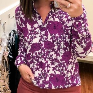 BANANA REPUBLIC White and Pink Floral Notched Neck Blouse NWOT